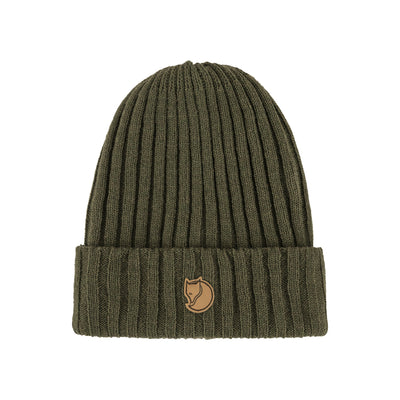 Fjällräven Byron muts in olijfgroen met geribbelde breipatroon en bruin lederen logo