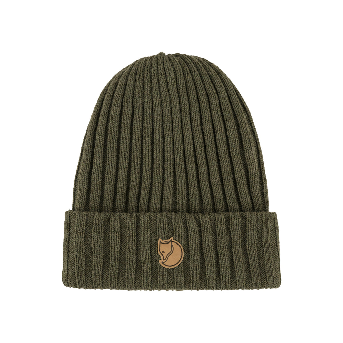Fjällräven Byron muts in olijfgroen met geribbelde breipatroon en bruin lederen logo