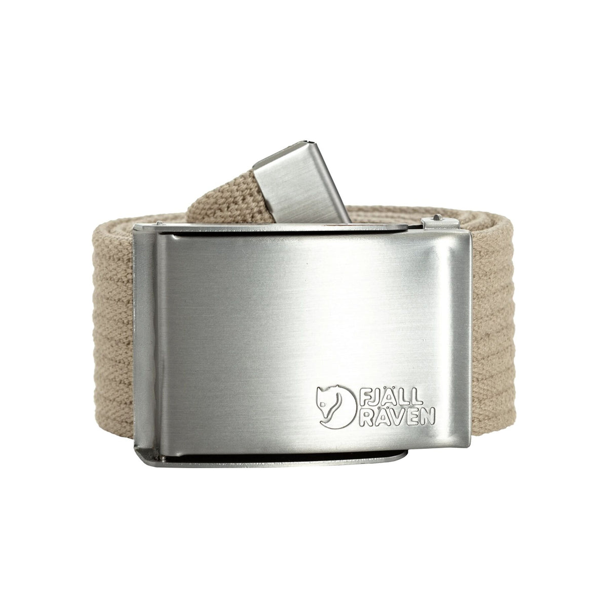 Fjällräven canvas riem met zilveren metalen gesp en logo, beige kleur