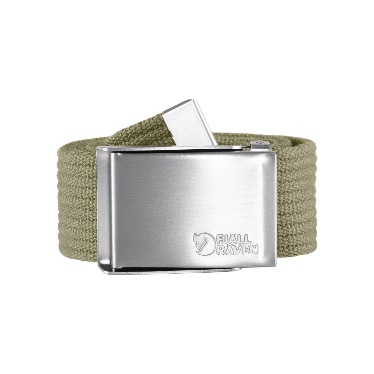 Fjällräven Canvas riem in olijfgroen met zilveren metalen gesp en logo