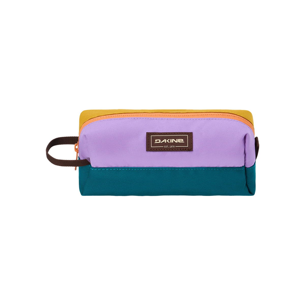 Dakine etui met paars, geel en petrol kleurblok design en handvat - praktische pennenzak