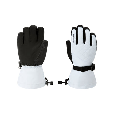 Witte ski handschoenen met zwarte vingers en verstelbare polsband, voor- en achterkant weergave