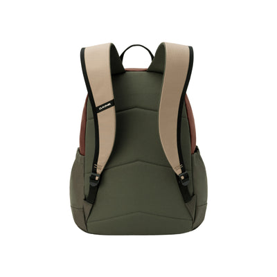 Groene rugzak met beige accenten en verstelbare schouderbanden, achteraanzicht