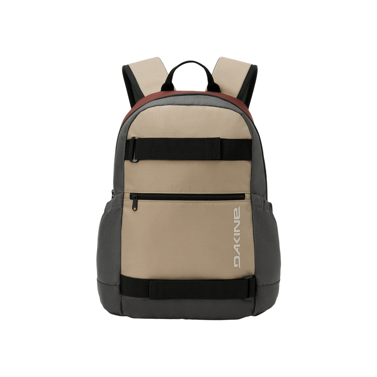 Dakine rugzak in grijs, beige en zwart met voorvak en merklogo