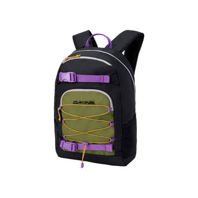 Dakine rugzak met elastische koordbevestiging, paarse gespen en zwart-groen kleurblok design