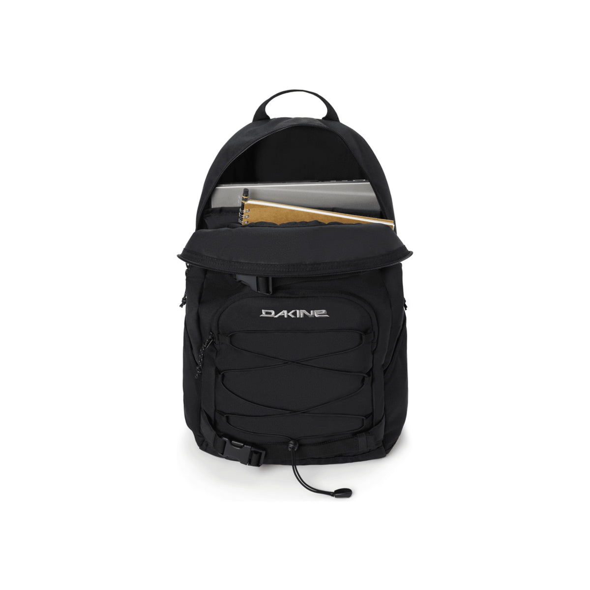 Dakine rugzak zwart met laptopvak geopend, toont opbergvakken en laptop sleeve voor school of werk