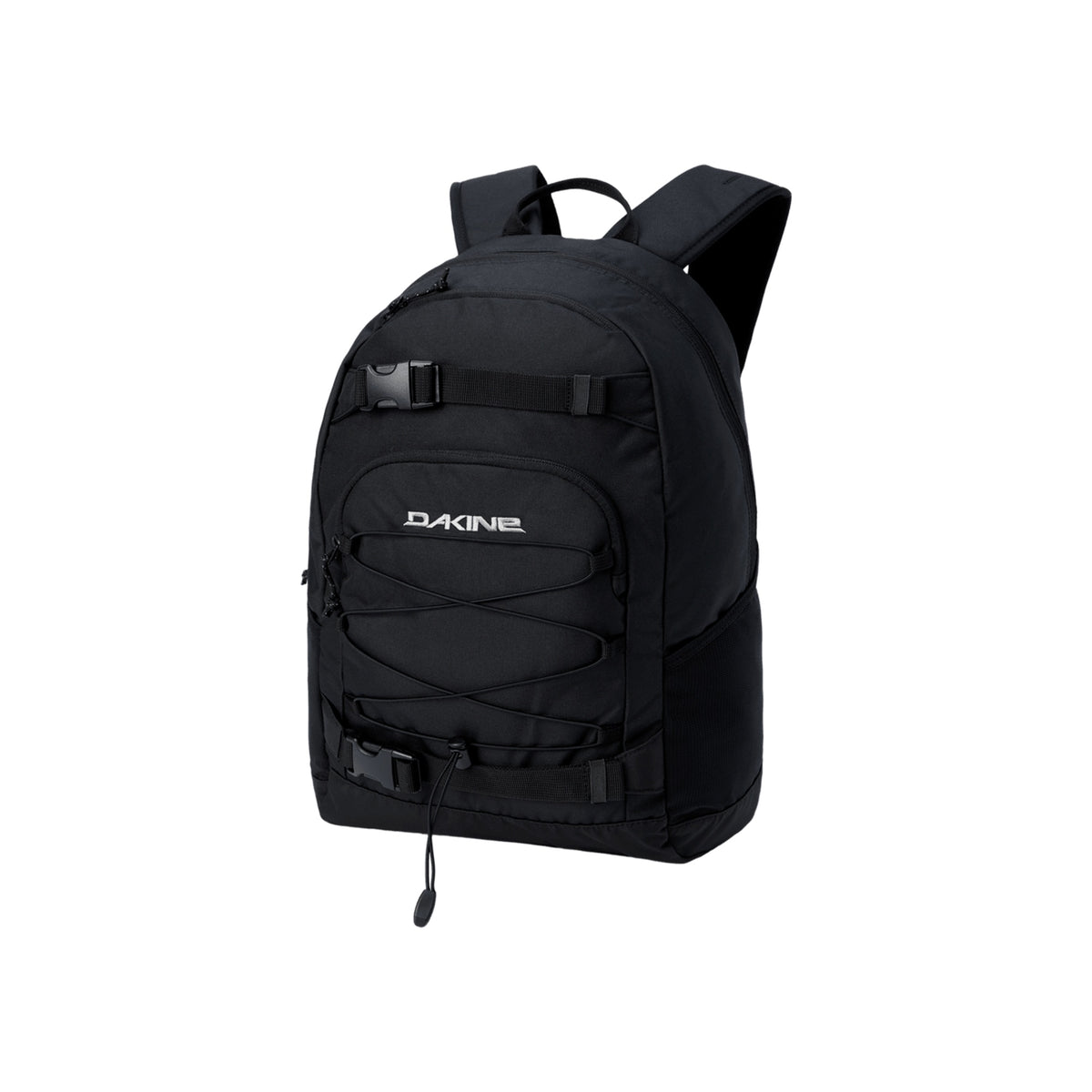 Dakine zwarte rugzak met skateboardriemen en meerdere compartimenten, robuuste sportieve backpack
