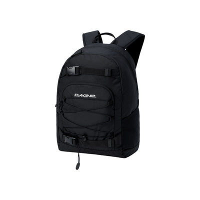 Dakine zwarte rugzak met skateboardriemen en meerdere compartimenten, robuuste sportieve backpack