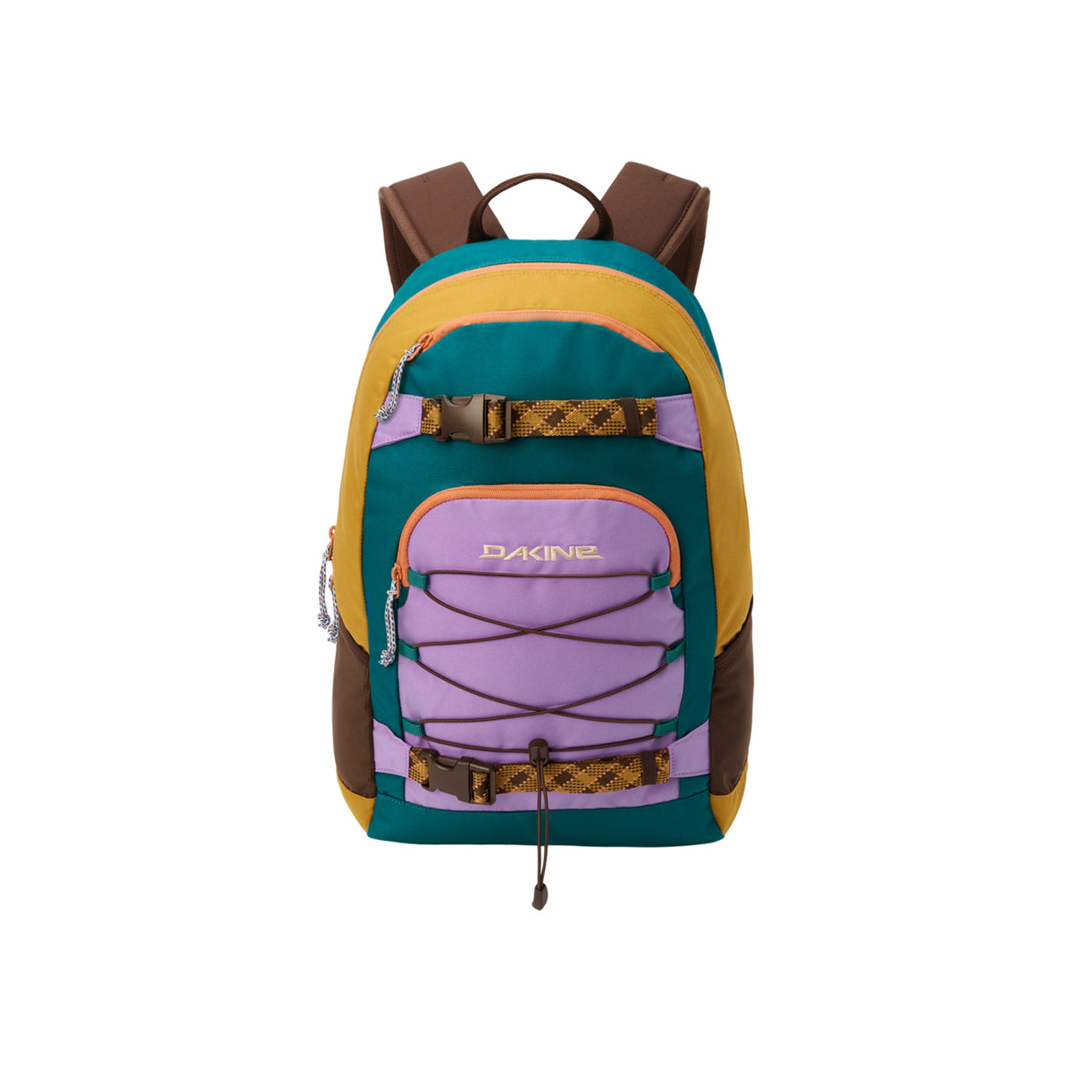 Dakine rugzak met geel, turquoise en paars kleurblok design en elastische veter voorzijde