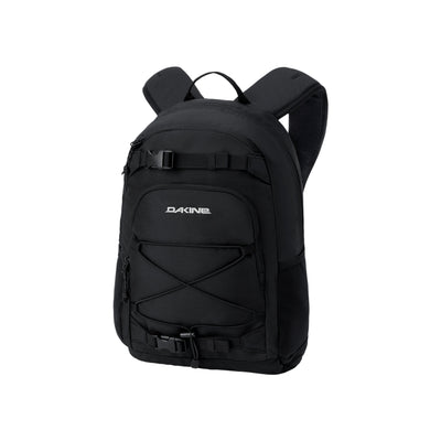Dakine rugzak zwart met verstelbare riemen en voorvak, ideaal voor school of dagelijks gebruik