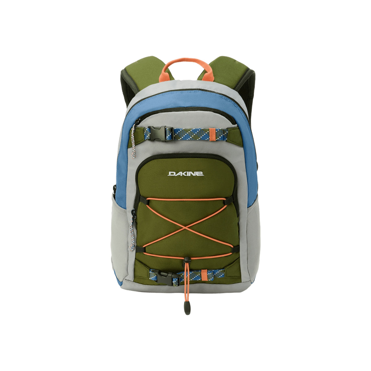 Dakine rugzak met blauw, groen en grijs kleurblok design en elastische vetersluiting op de voorkant