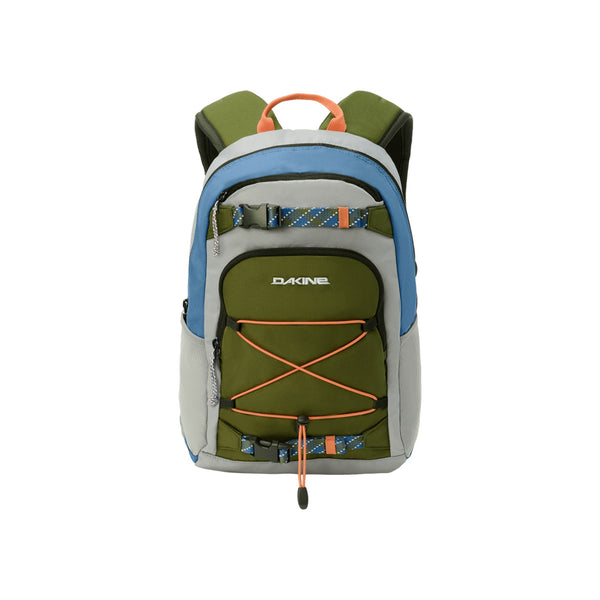Dakine rugzak met blauw, groen en grijs kleurblok design en elastische vetersluiting op de voorkant