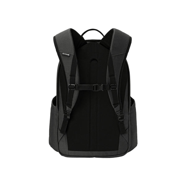 Zwarte rugzak met ergonomische schouderbanden en gesp sluiting, achterkant weergave