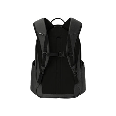 Zwarte rugzak met ergonomische schouderbanden en gesp sluiting, achterkant weergave