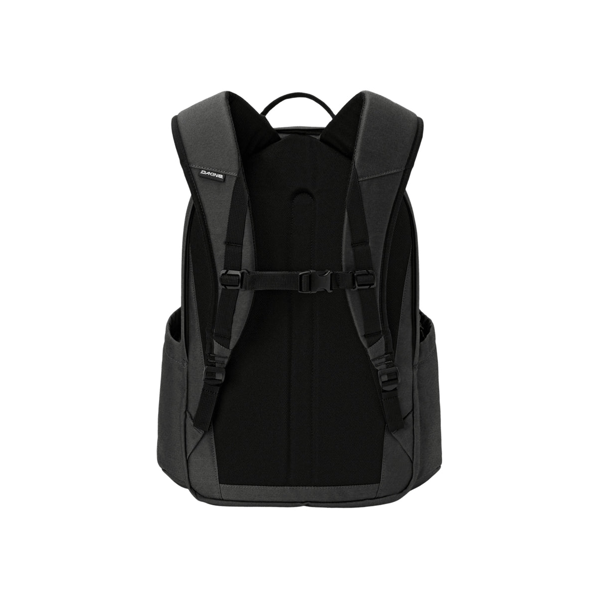 Zwarte rugzak met ergonomische schouderbanden en gesp sluiting, achterkant weergave