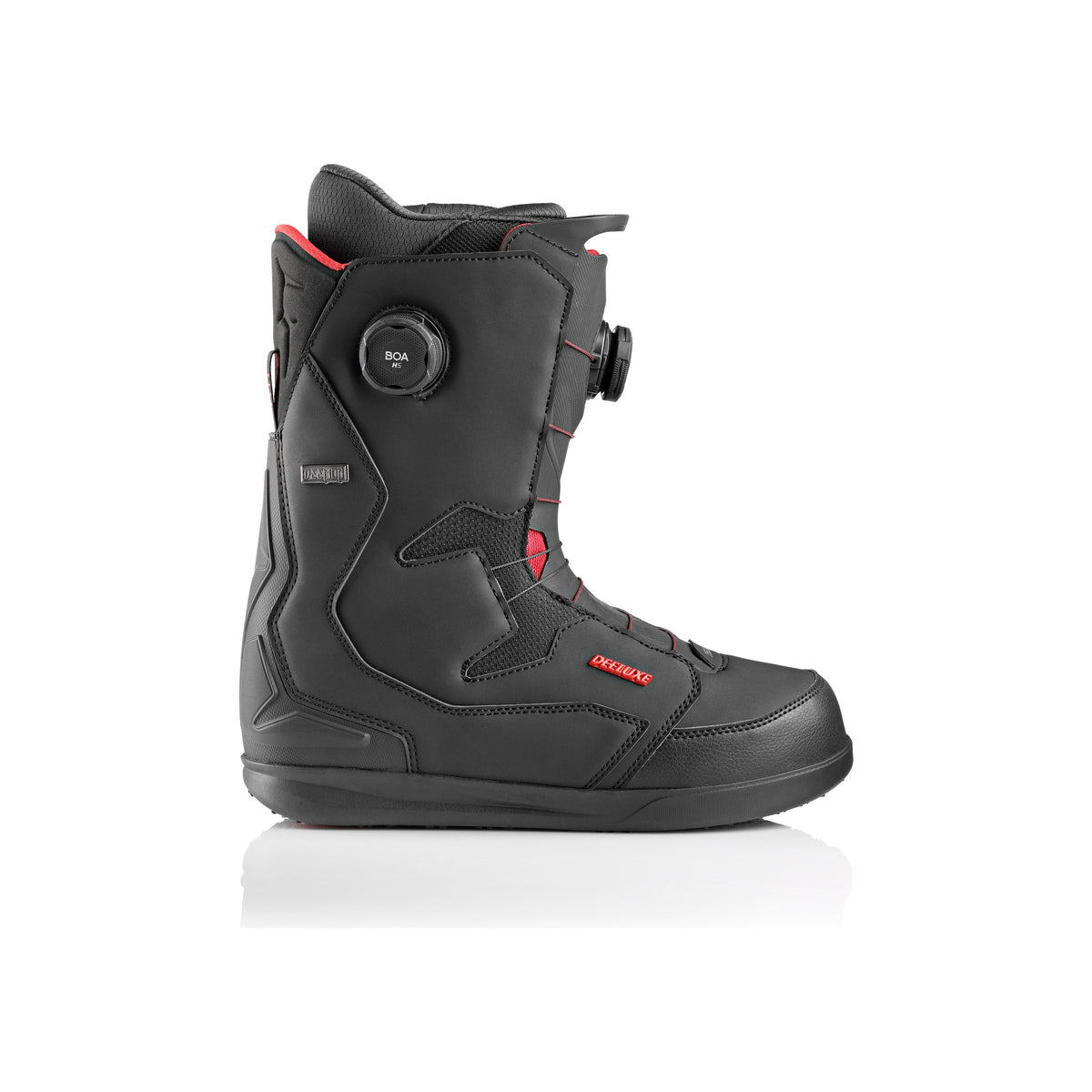 Zwarte snowboardboot met BOA-draaisluiting en rode accenten - zijkant weergave