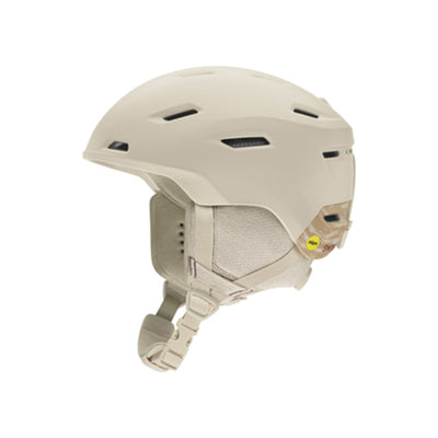Witte ski- en snowboardhelm met verstelbare pasvorm en ventilatieopeningen, zijaanzicht