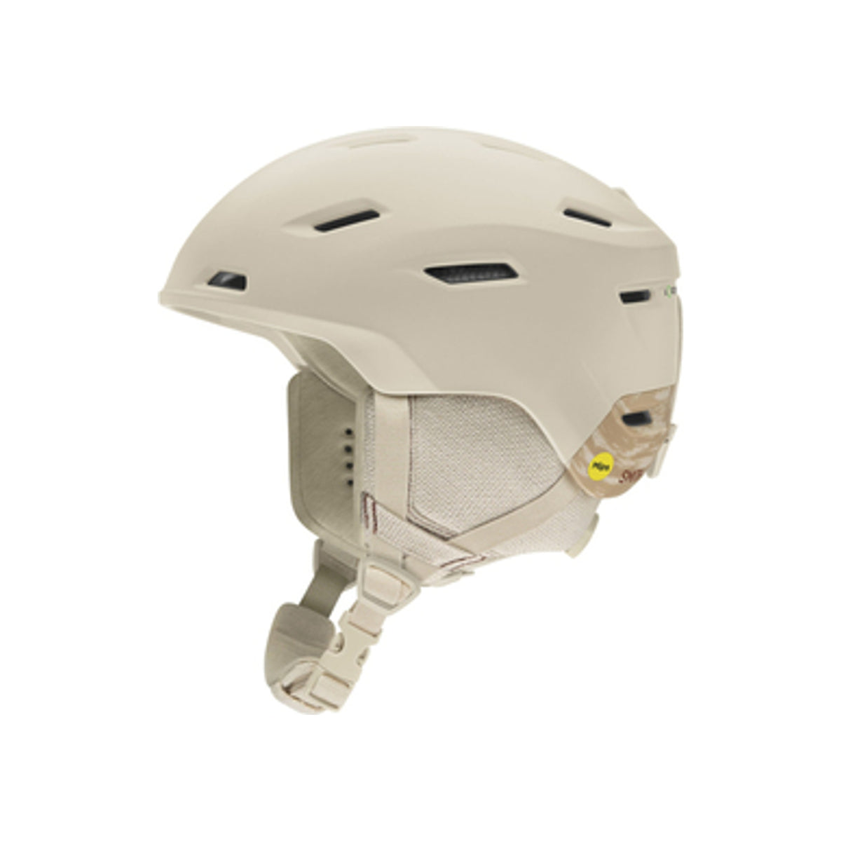 Witte ski- en snowboardhelm met verstelbare pasvorm en ventilatieopeningen, zijaanzicht