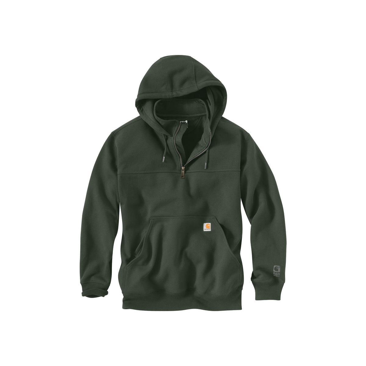 Donkergroene Carhartt hoodie met halve rits en kangoeroezak