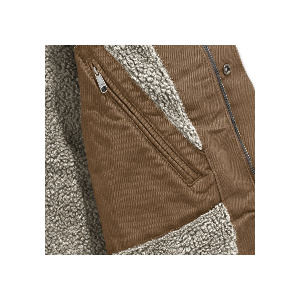 Bruine sherpa jas met ritszak detail en zachte teddy voering