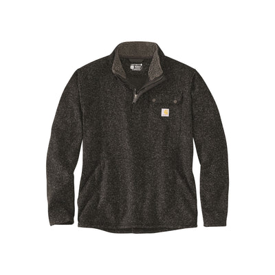 Donkergrijze Carhartt fleece trui met halve ritssluiting en logopatch op de borst