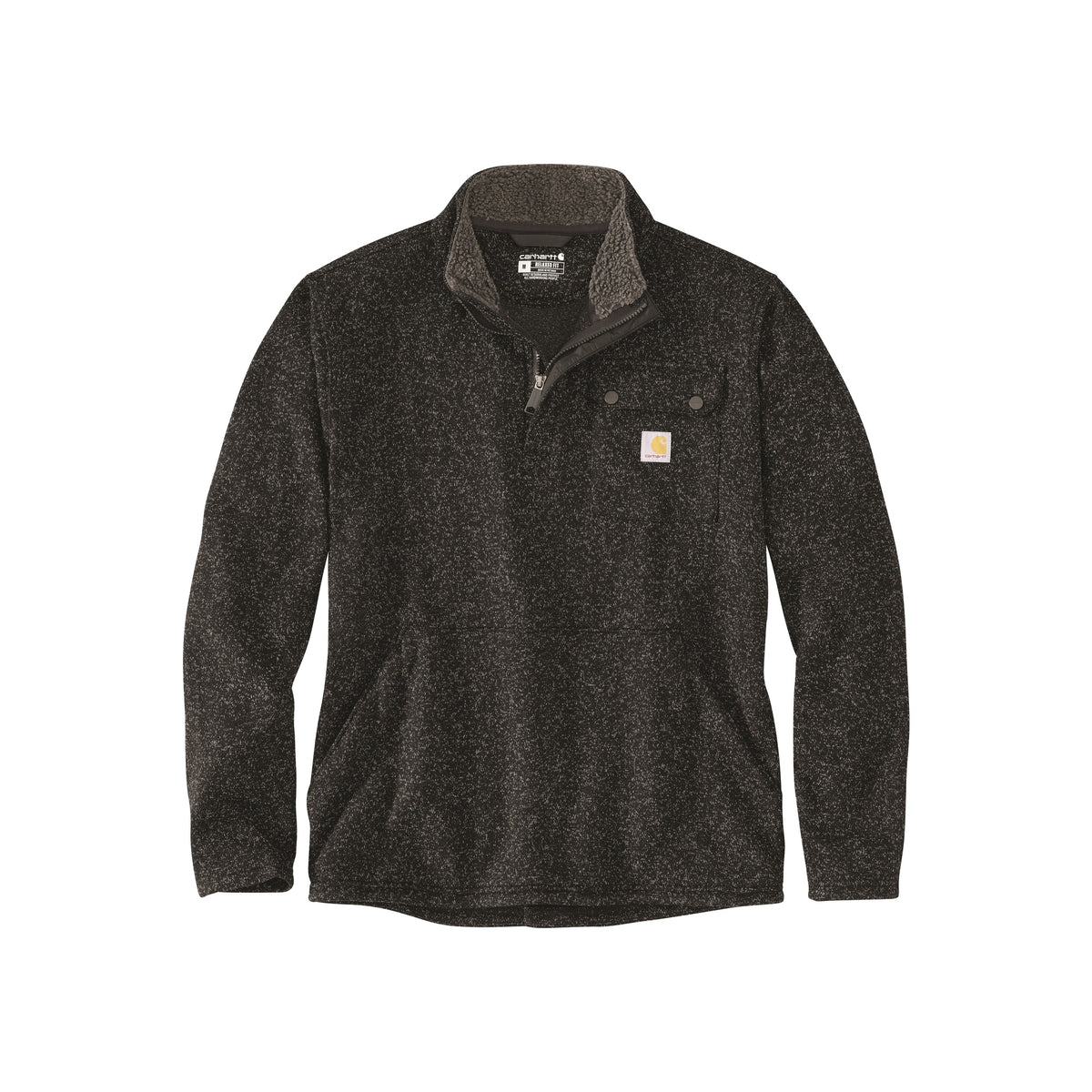 Donkergrijze Carhartt fleece trui met halve ritssluiting en logopatch op de borst