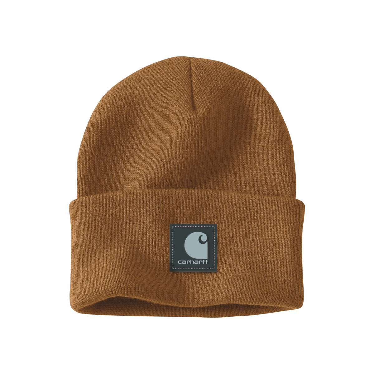 Carhartt bruine gebreide muts met omgeslagen rand en Carhartt logo patch