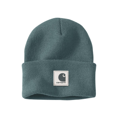 Carhartt groene gebreide muts met omgeslagen rand en vierkant logolabel