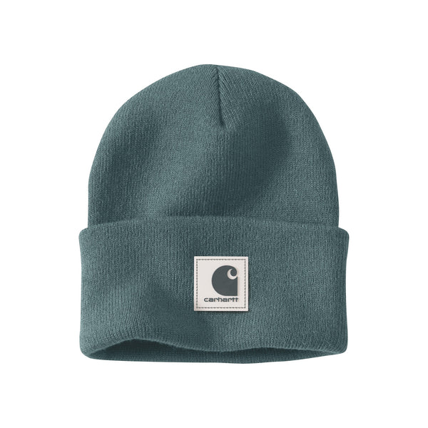 Carhartt groene gebreide muts met omgeslagen rand en vierkant logolabel