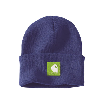 Carhartt donkerblauwe gebreide muts met omgeslagen rand en groen logo patch