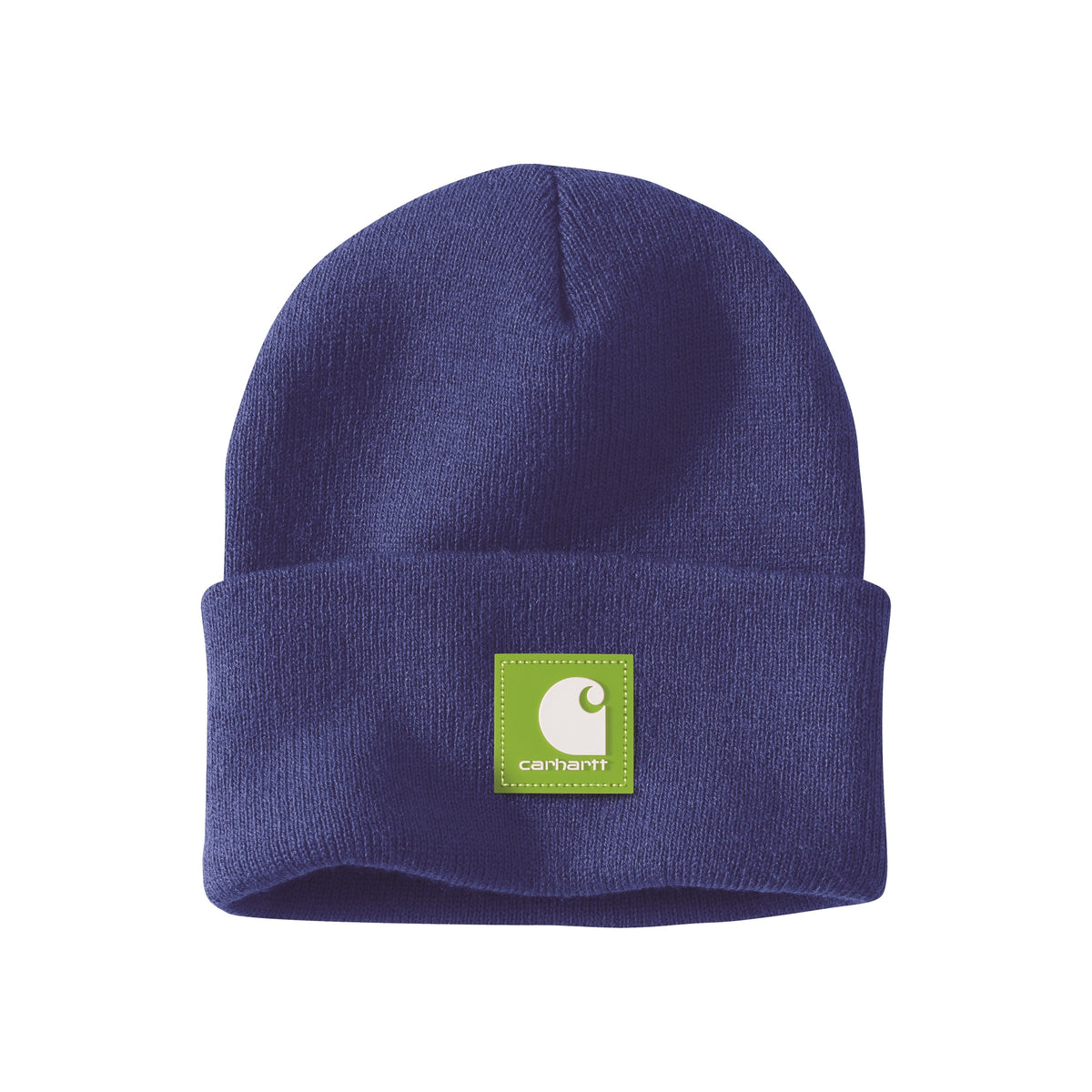 Carhartt donkerblauwe gebreide muts met omgeslagen rand en groen logo patch