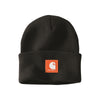 Zwarte Carhartt muts met omgevouwen rand en oranje merklogo patch