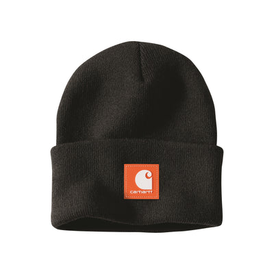 Zwarte Carhartt muts met omgevouwen rand en oranje merklogo patch