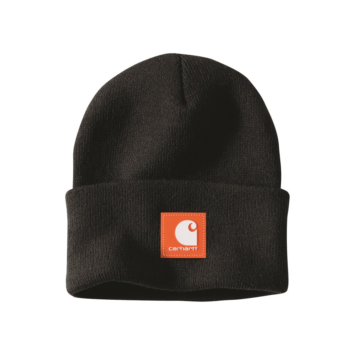 Zwarte Carhartt muts met omgevouwen rand en oranje merklogo patch