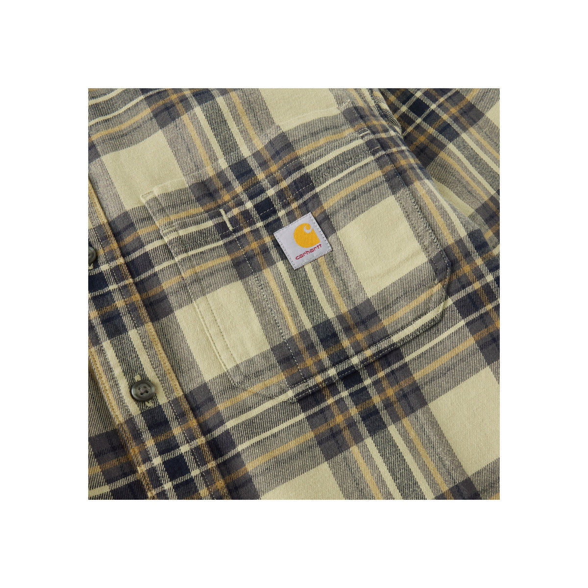 Geruit overhemd in beige, bruin en blauw met borstzak en knoopsluiting, close-up van stofdetail