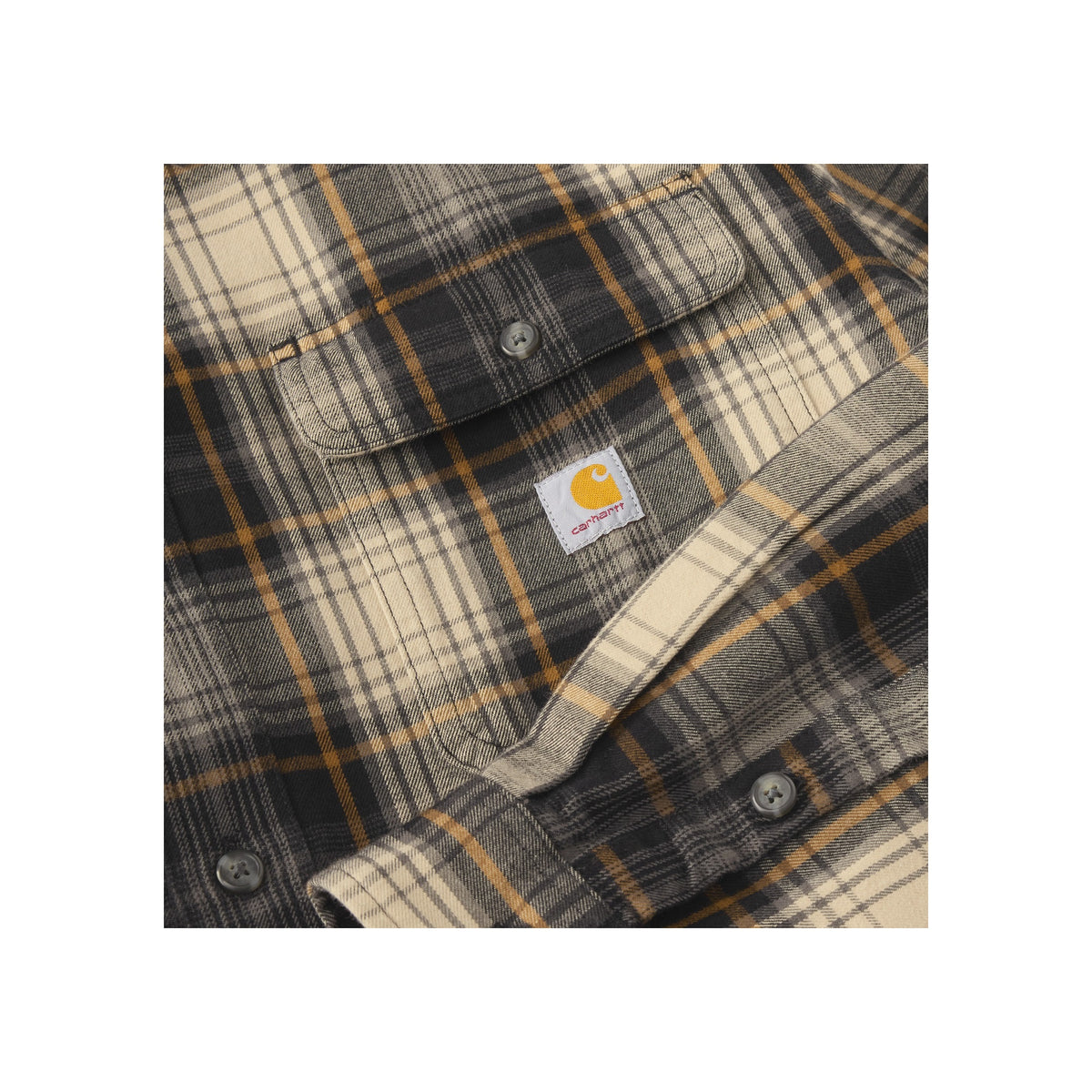 Carhartt geruite overhemd detail met logo label en drukknopen in grijs, beige en geel
