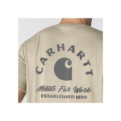 Carhartt T-shirt met logo op de rug, beige kleur, 'Made For Work' opdruk, established 1889