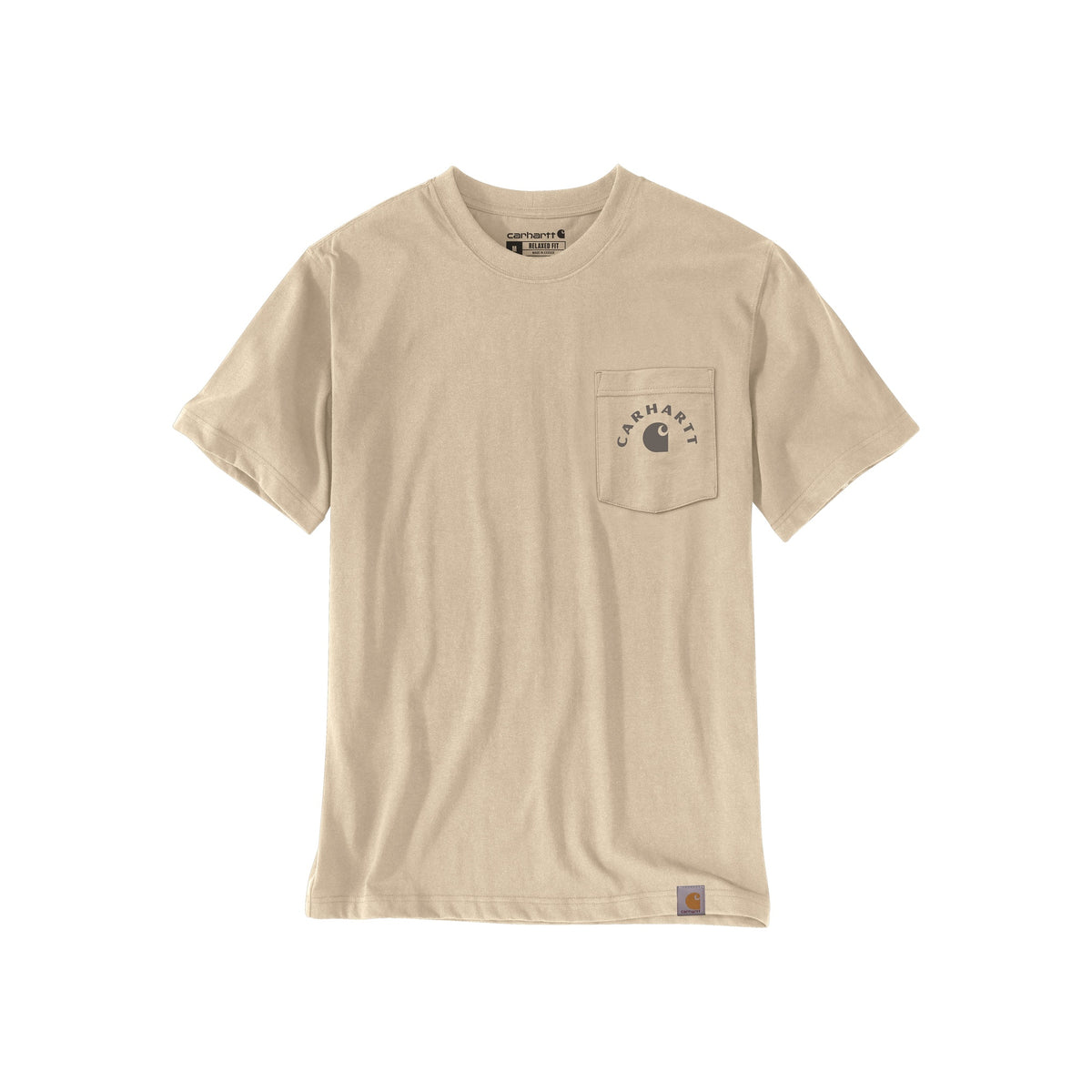 Beige Carhartt t-shirt met borstzak en logo, korte mouwen, casual werkkleding stijl