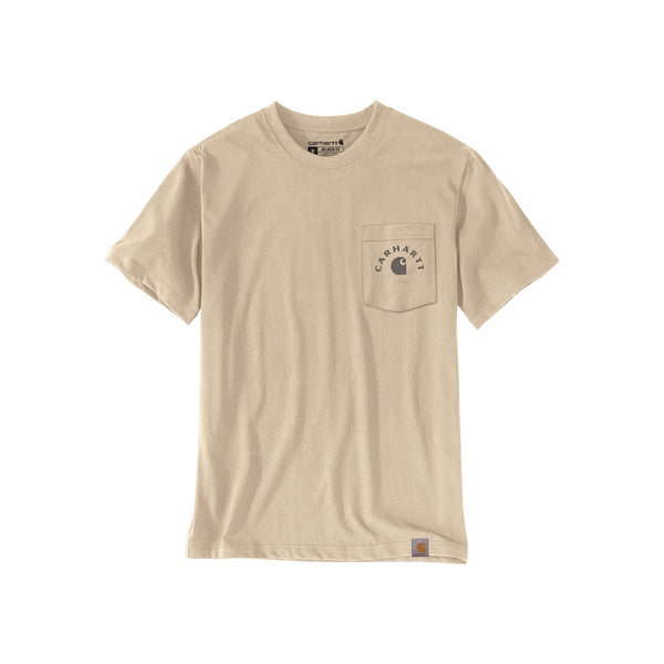 Beige Carhartt t-shirt met borstzak en logo, korte mouwen, casual werkkleding stijl