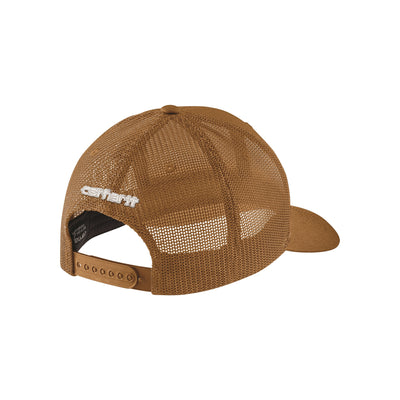 Bruine mesh trucker cap met verstelbare snapback sluiting, achterkant weergave