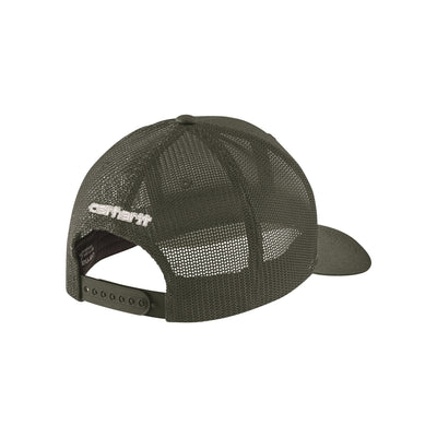 Groene mesh trucker cap met verstelbare snapback sluiting, achterkant weergave
