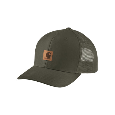 Carhartt groene trucker cap met mesh achterpaneel en bruin leren logo patch