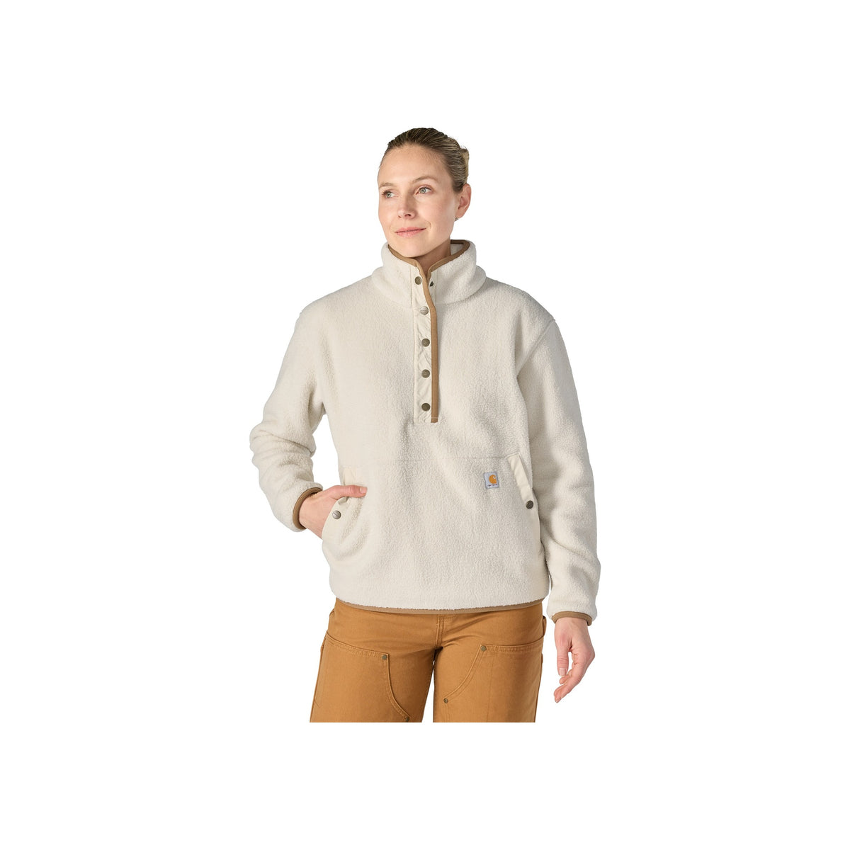 Crèmekleurige fleece pullover met knoopsluiting en zakken voor dames, vooraanzicht
