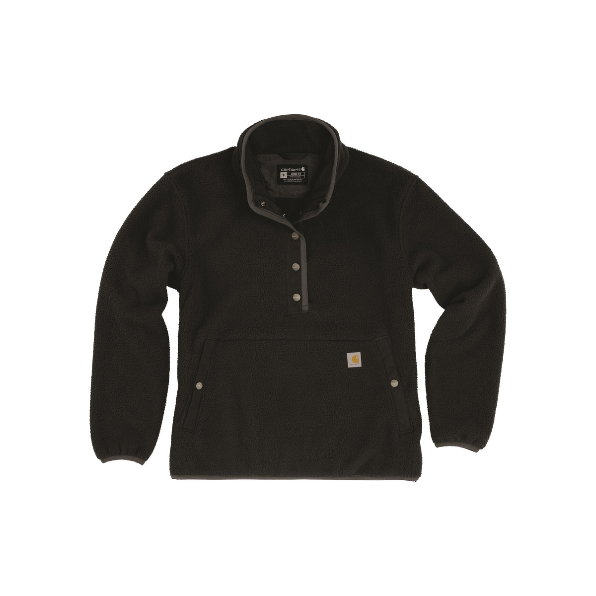 Zwarte fleece pullover met knoopsluiting en borstzak, warme outdoorkleding