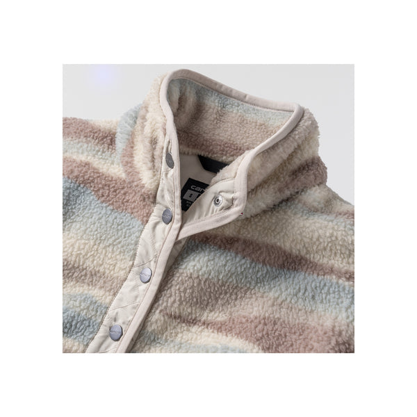 Gestreepte fleece trui met drukknopen, zachte teddy stof in beige, grijs en mint tinten
