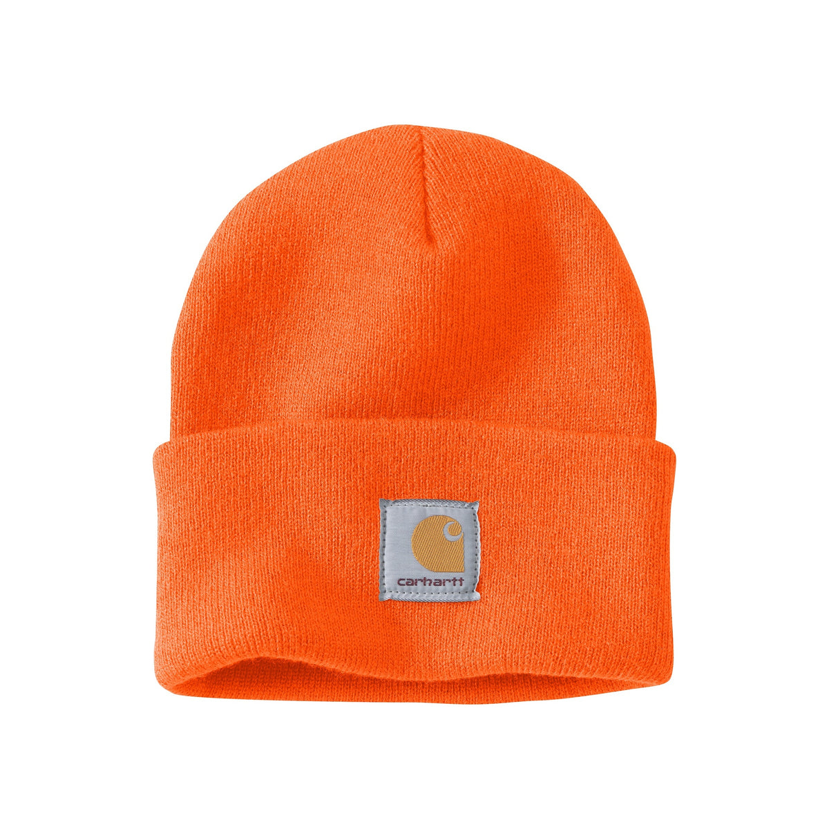 Oranje Carhartt muts met omslag en logo-patch, gebreide wintermuts