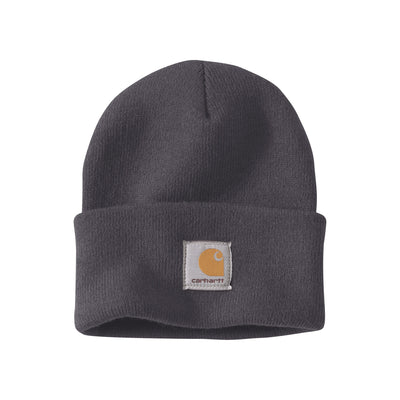 Carhartt grijze gebreide muts met omgeslagen rand en logo label op de voorkant