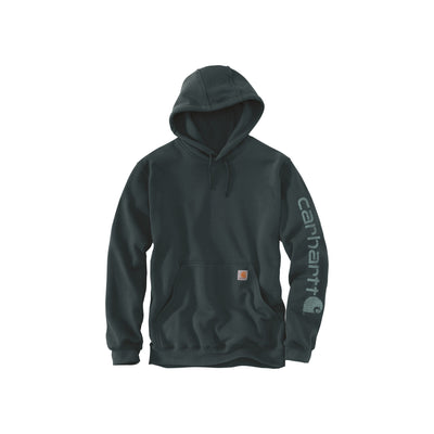 Donkergroene Carhartt hoodie met capuchon, kenmerkende logo patch en merknaam op mouw