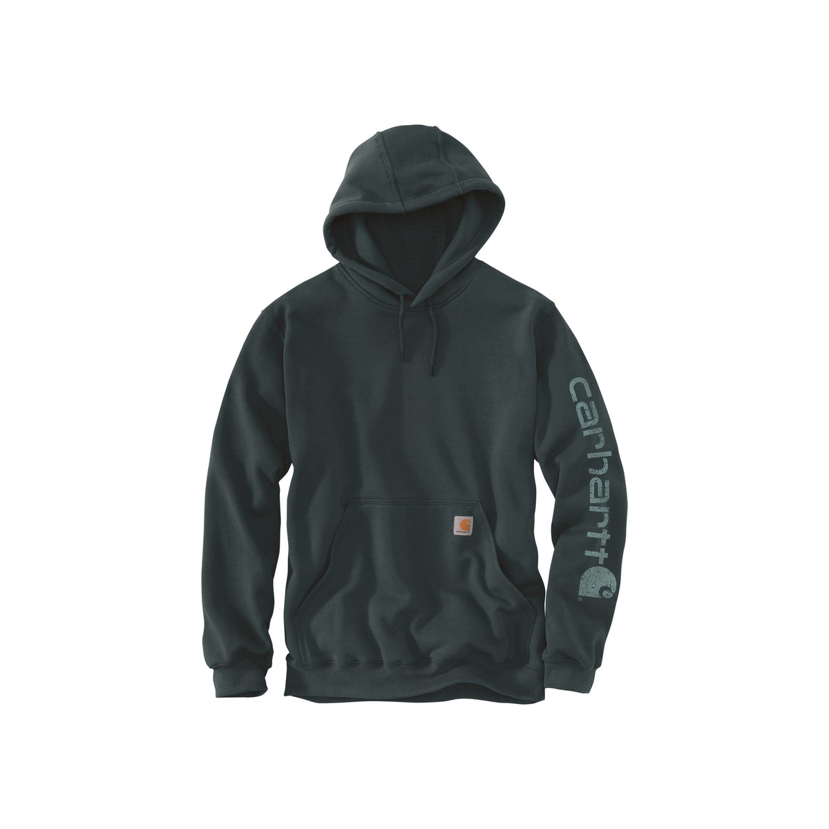 Donkergroene Carhartt hoodie met capuchon, kenmerkende logo patch en merknaam op mouw