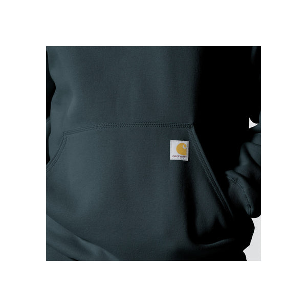 Carhartt werkbroek met zak en kenmerkend logo label op donkerblauwe stof